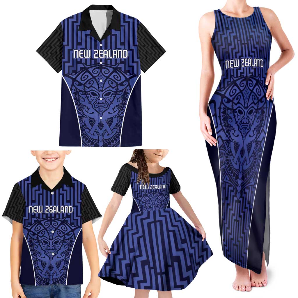 Custom Basketball New Zealand Family Matching Tank Maxi Dress and Hawaiian Shirt Blue Maori Ta Moko Indigenous - Polynesian Pride