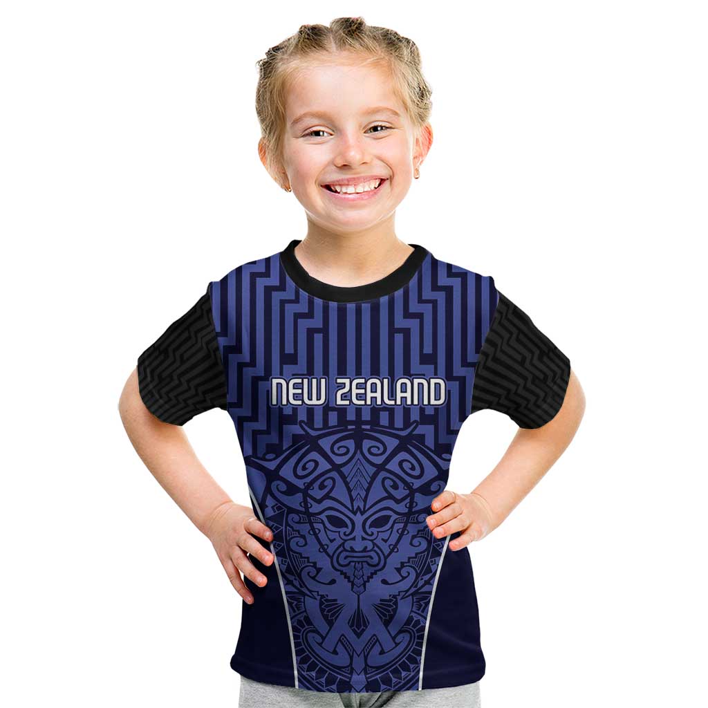 Custom Basketball New Zealand Kid T Shirt Blue Maori Ta Moko Indigenous - Polynesian Pride