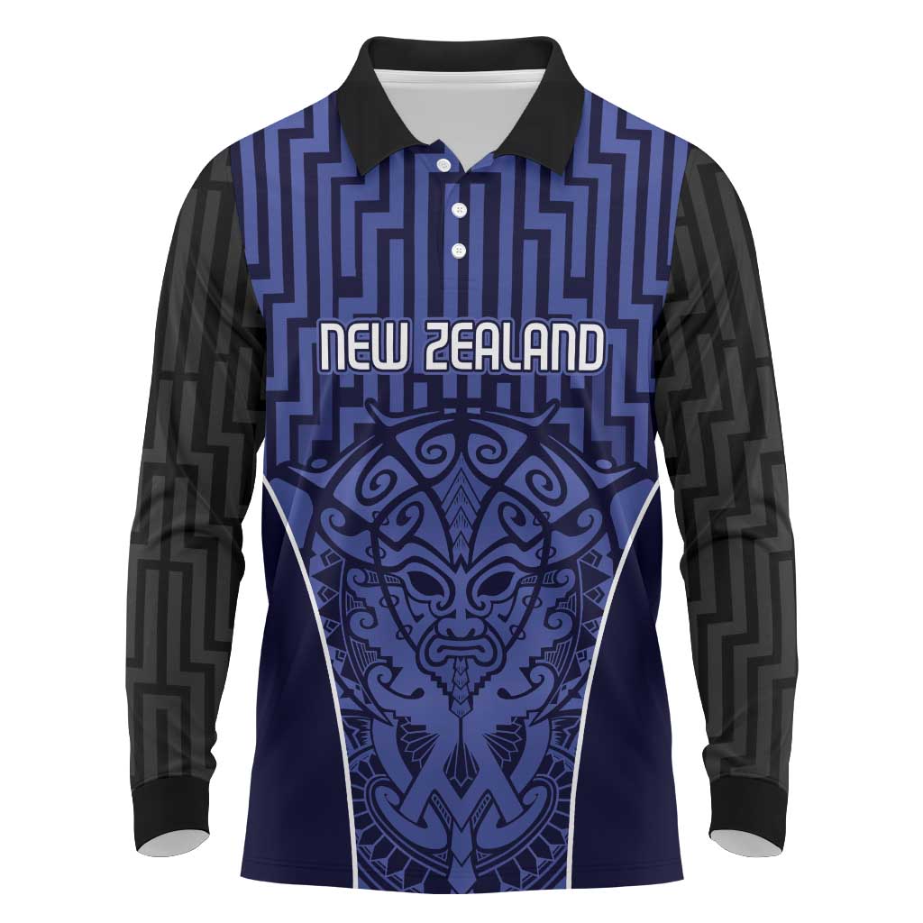 Custom Basketball New Zealand Long Sleeve Polo Shirt Blue Maori Ta Moko Indigenous - Polynesian Pride