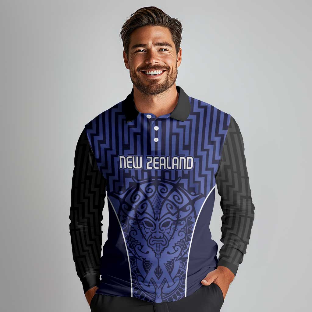 Custom Basketball New Zealand Long Sleeve Polo Shirt Blue Maori Ta Moko Indigenous - Polynesian Pride