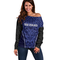 Custom Basketball New Zealand Off Shoulder Sweater Blue Maori Ta Moko Indigenous - Polynesian Pride