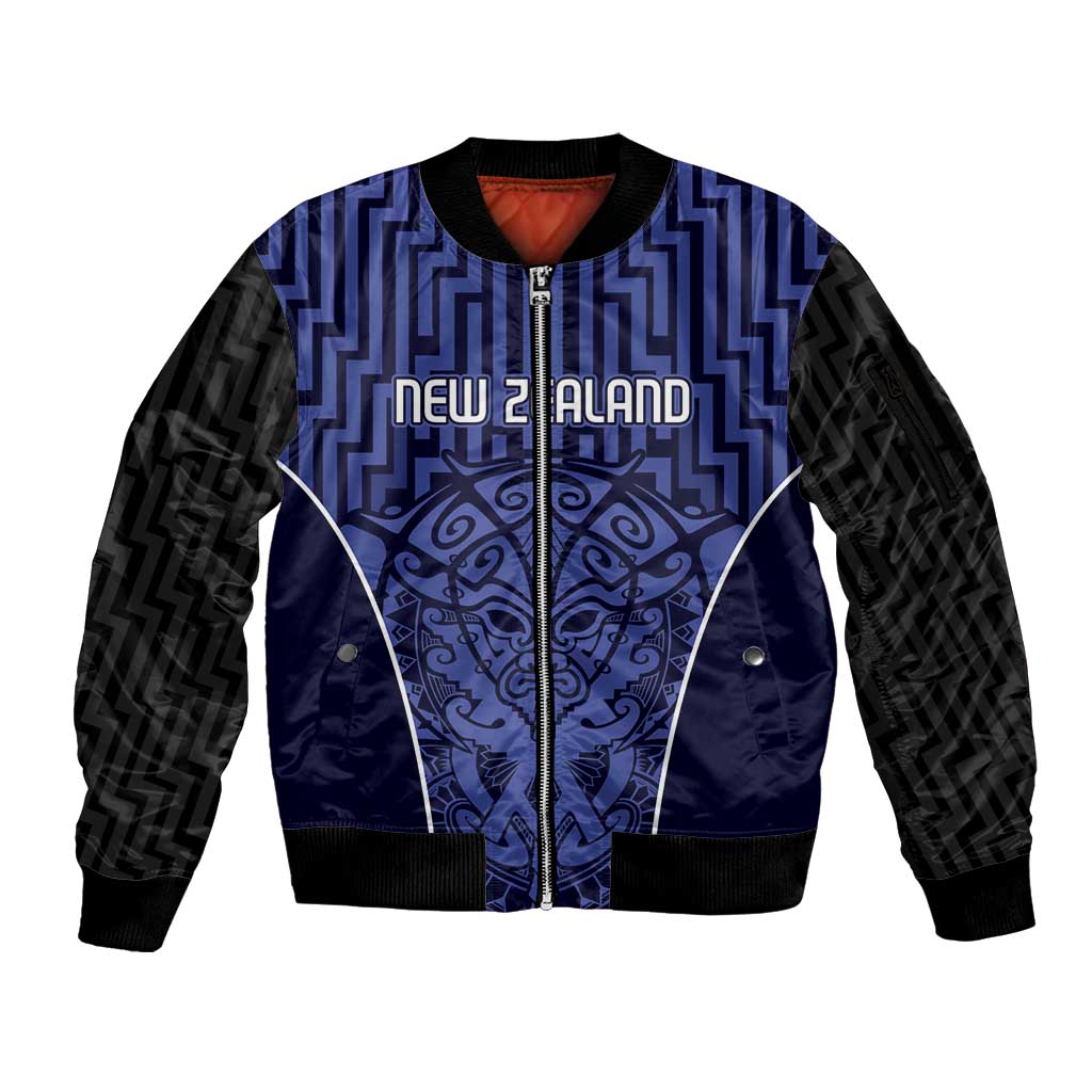 Custom Basketball New Zealand Sleeve Zip Bomber Jacket Blue Maori Ta Moko Indigenous - Polynesian Pride