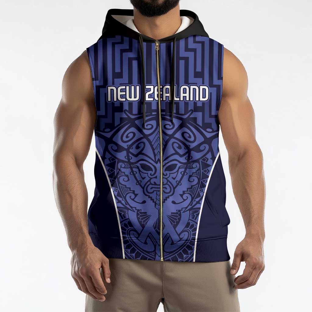 Custom Basketball New Zealand Sleeveless Zip Hoodie Blue Maori Ta Moko Indigenous - Polynesian Pride