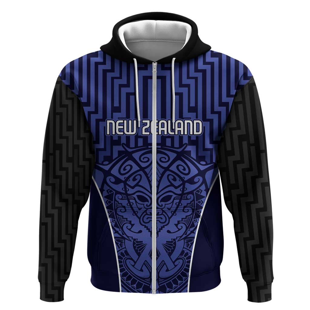 Custom Basketball New Zealand Zip Hoodie Blue Maori Ta Moko Indigenous - Polynesian Pride