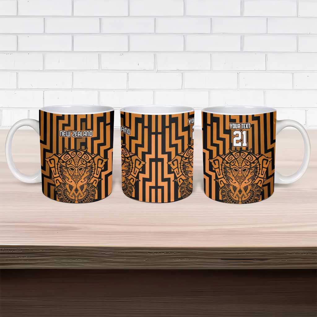 Custom Basketball New Zealand Ceramic Mug Gold Maori Ta Moko Indigenous - Polynesian Pride