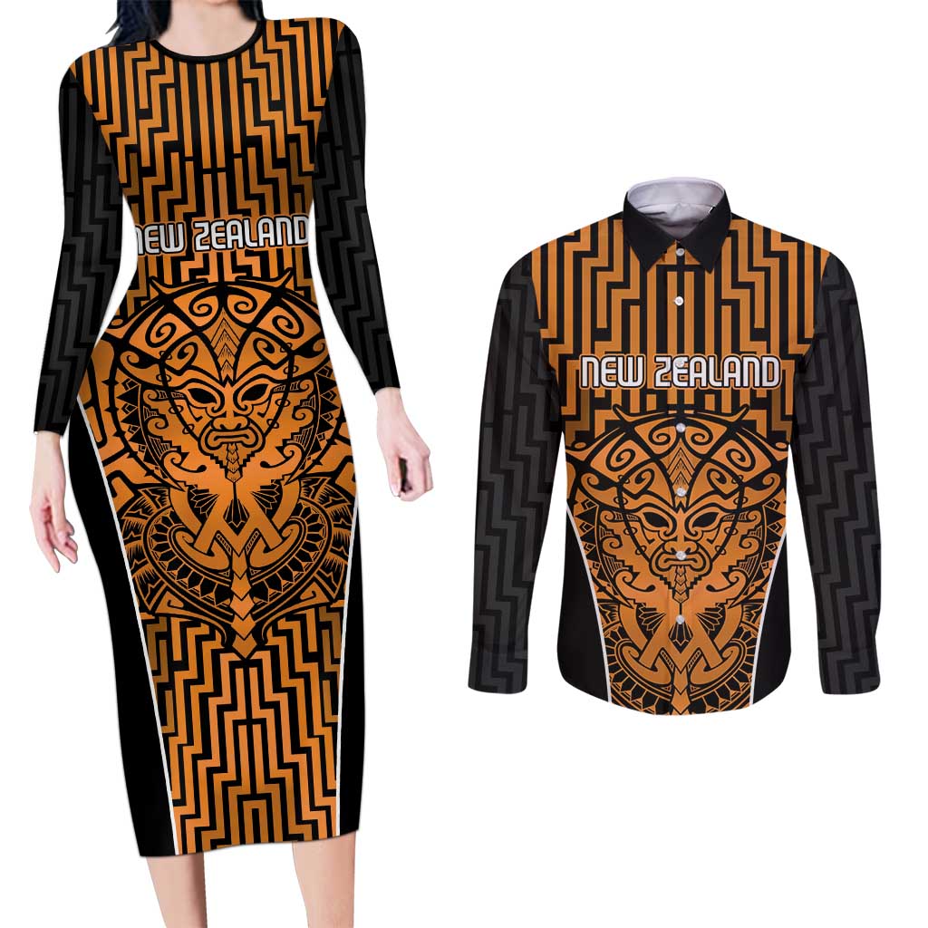 Custom Basketball New Zealand Couples Matching Long Sleeve Bodycon Dress and Long Sleeve Button Shirt Gold Maori Ta Moko Indigenous LT9 Gold - Polynesian Pride