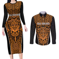 Custom Basketball New Zealand Couples Matching Long Sleeve Bodycon Dress and Long Sleeve Button Shirt Gold Maori Ta Moko Indigenous LT9 Gold - Polynesian Pride