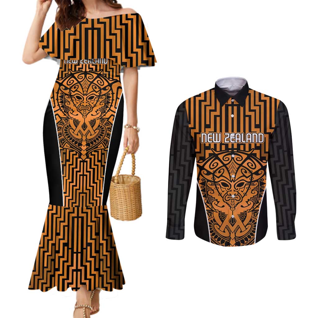 Custom Basketball New Zealand Couples Matching Mermaid Dress and Long Sleeve Button Shirt Gold Maori Ta Moko Indigenous LT9 Gold - Polynesian Pride