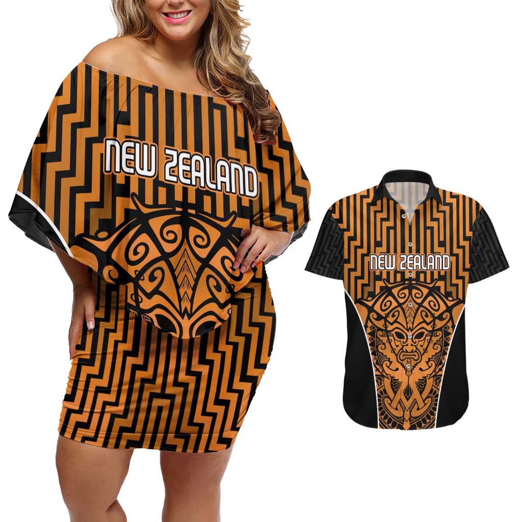 Custom Basketball New Zealand Couples Matching Off Shoulder Short Dress and Hawaiian Shirt Gold Maori Ta Moko Indigenous - Polynesian Pride
