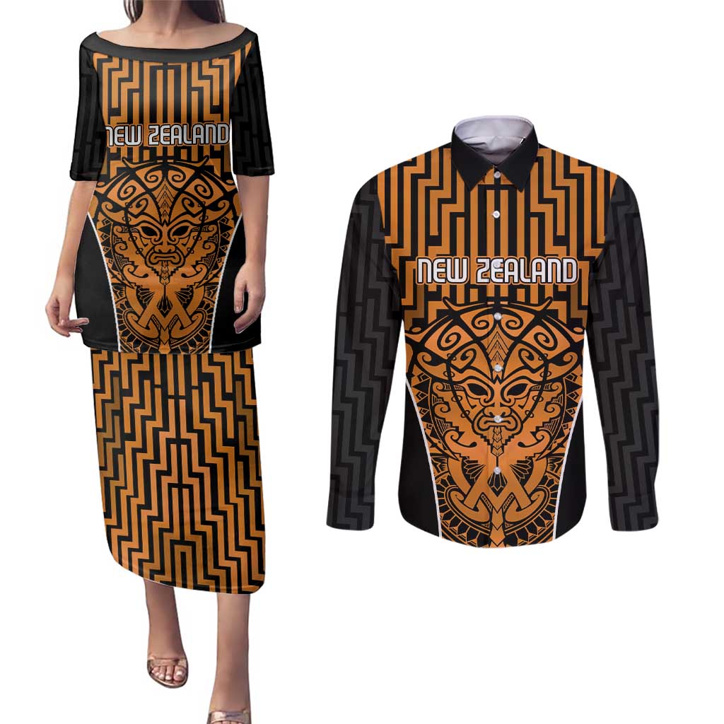 Custom Basketball New Zealand Couples Matching Puletasi and Long Sleeve Button Shirt Gold Maori Ta Moko Indigenous LT9 Gold - Polynesian Pride