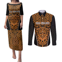 Custom Basketball New Zealand Couples Matching Puletasi and Long Sleeve Button Shirt Gold Maori Ta Moko Indigenous LT9 Gold - Polynesian Pride