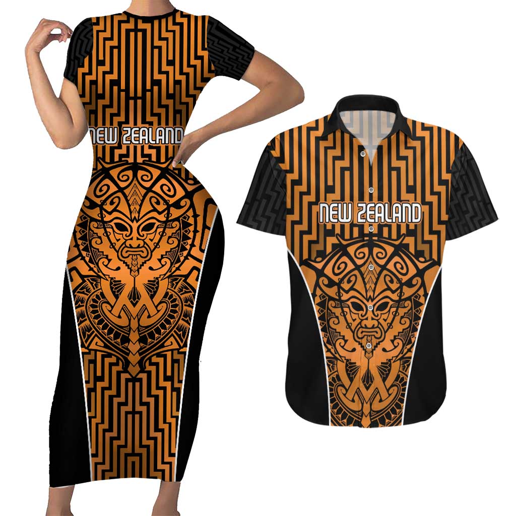 Custom Basketball New Zealand Couples Matching Short Sleeve Bodycon Dress and Hawaiian Shirt Gold Maori Ta Moko Indigenous LT9 Gold - Polynesian Pride