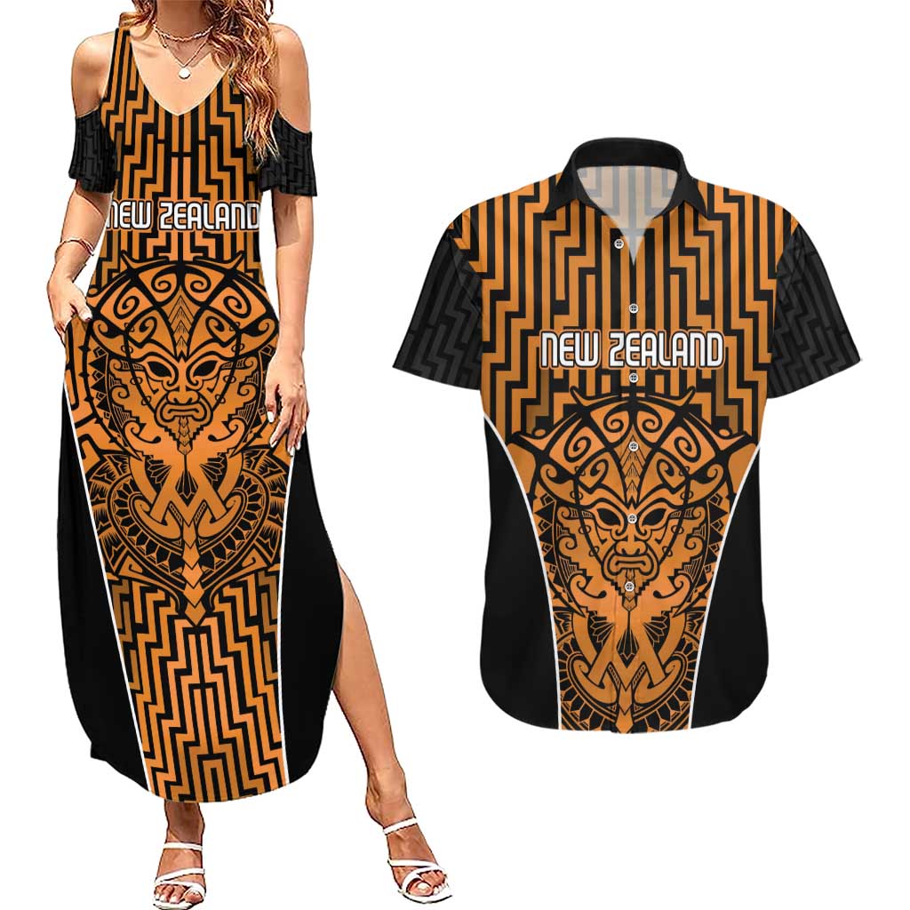 Custom Basketball New Zealand Couples Matching Summer Maxi Dress and Hawaiian Shirt Gold Maori Ta Moko Indigenous LT9 Gold - Polynesian Pride