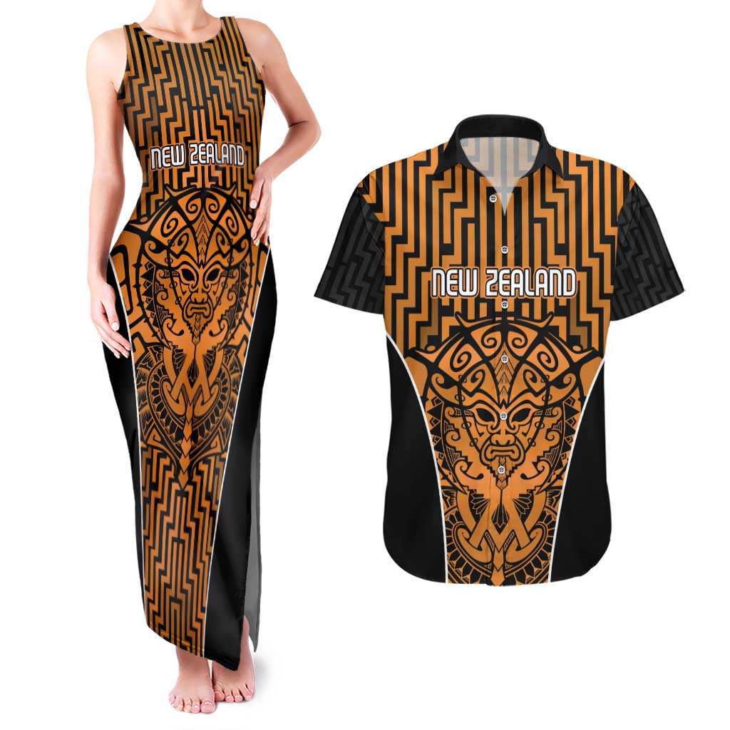 Custom Basketball New Zealand Couples Matching Tank Maxi Dress and Hawaiian Shirt Gold Maori Ta Moko Indigenous LT9 Gold - Polynesian Pride