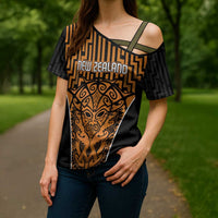 Custom Basketball New Zealand Cross Shoulder Shirt Gold Maori Ta Moko Indigenous - Polynesian Pride