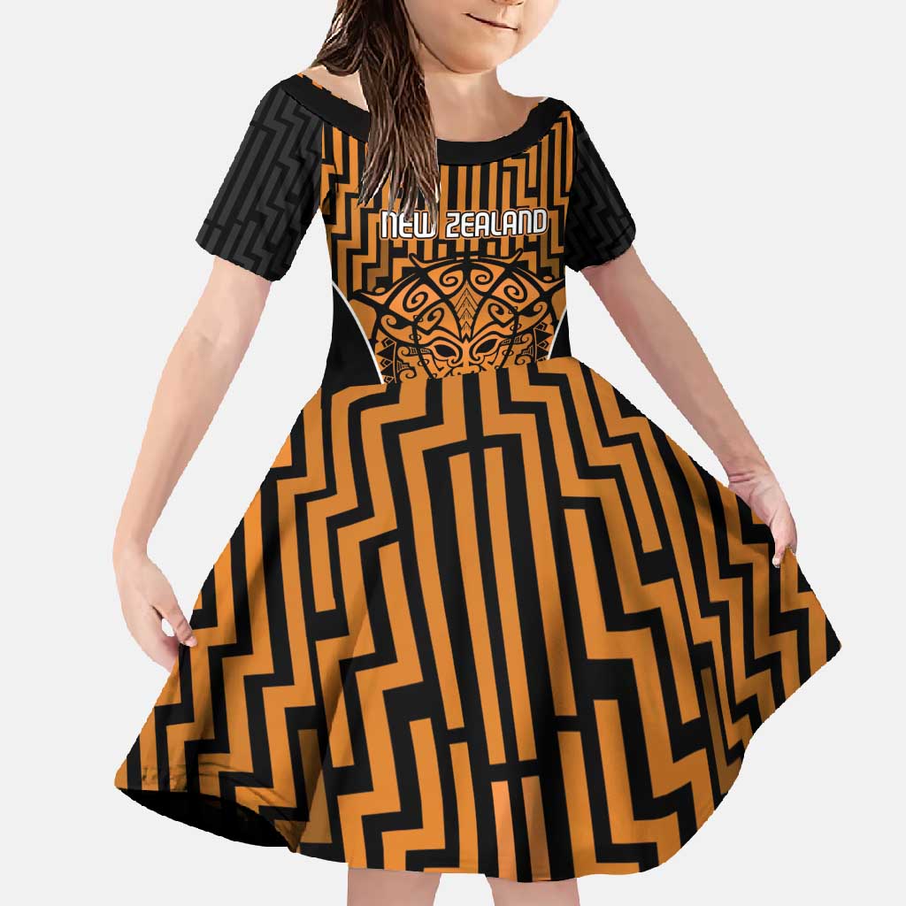 Custom Basketball New Zealand Family Matching Long Sleeve Bodycon Dress and Hawaiian Shirt Gold Maori Ta Moko Indigenous LT9 Daughter's Dress Gold - Polynesian Pride