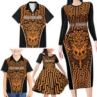 Custom Basketball New Zealand Family Matching Long Sleeve Bodycon Dress and Hawaiian Shirt Gold Maori Ta Moko Indigenous LT9 - Polynesian Pride