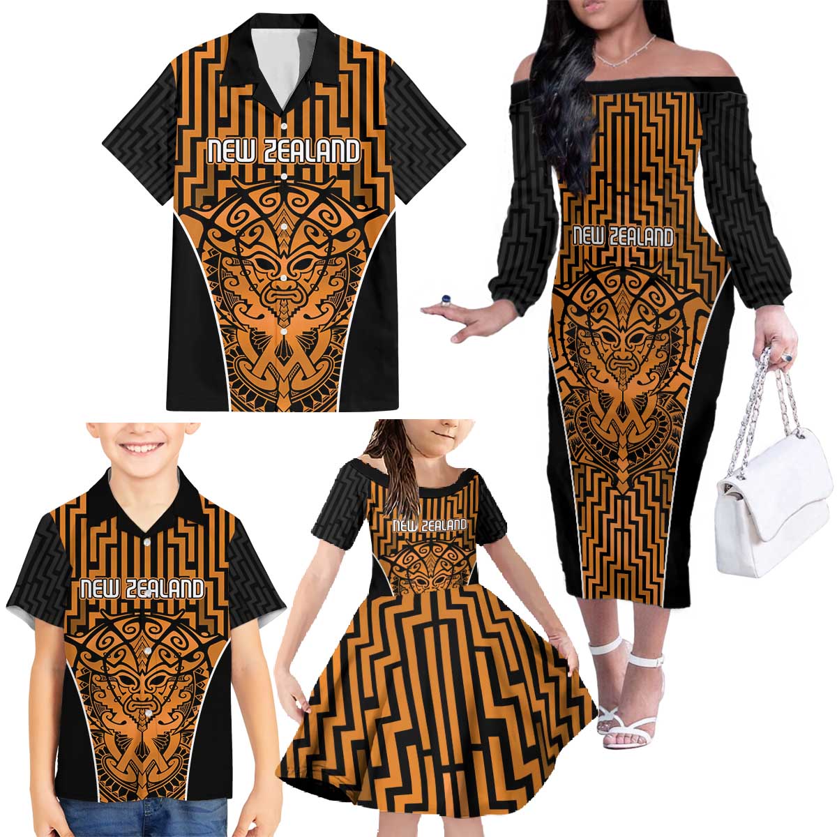 Custom Basketball New Zealand Family Matching Off The Shoulder Long Sleeve Dress and Hawaiian Shirt Gold Maori Ta Moko Indigenous - Polynesian Pride
