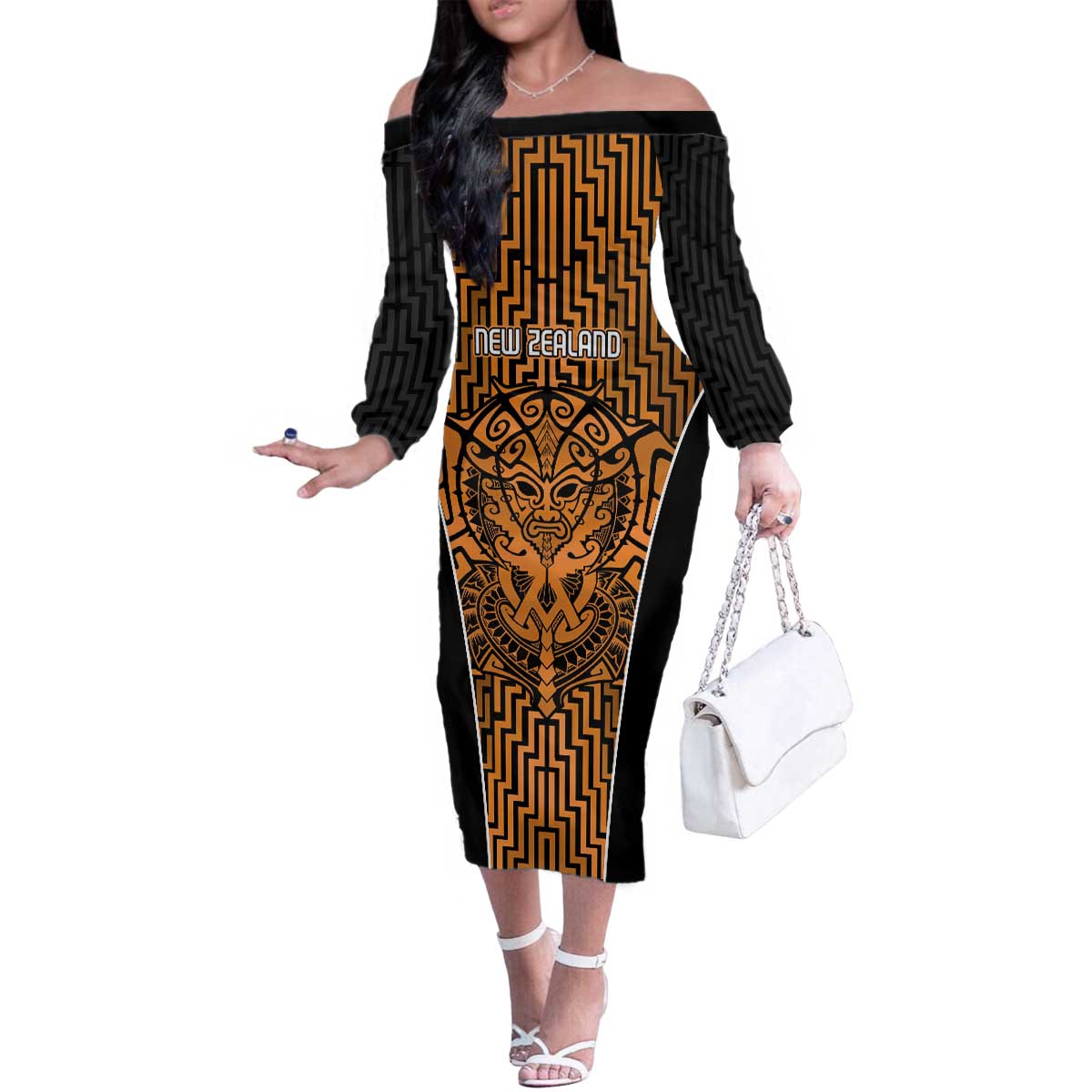 Custom Basketball New Zealand Family Matching Off The Shoulder Long Sleeve Dress and Hawaiian Shirt Gold Maori Ta Moko Indigenous LT9 Mom's Dress Gold - Polynesian Pride