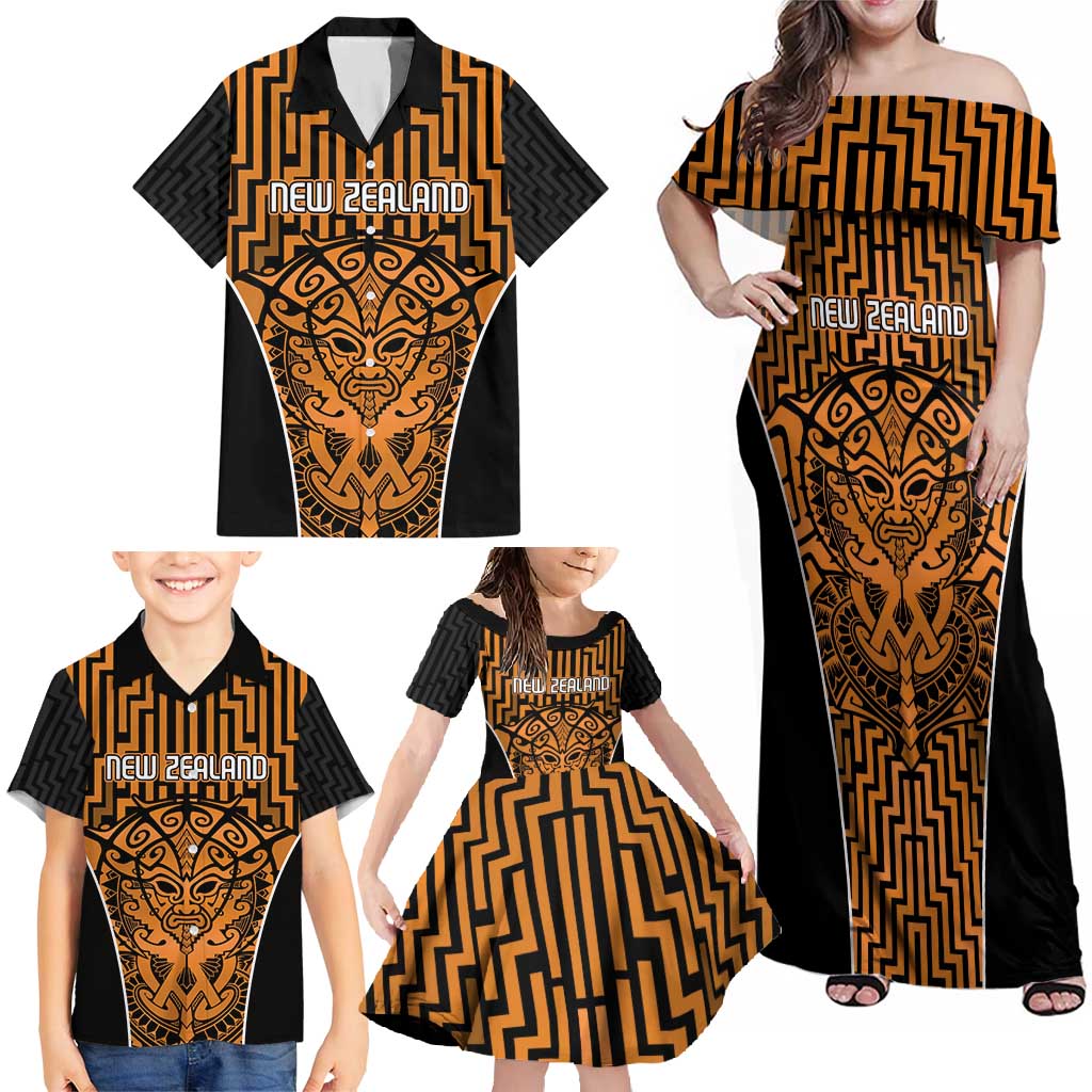 Custom Basketball New Zealand Family Matching Off Shoulder Maxi Dress and Hawaiian Shirt Gold Maori Ta Moko Indigenous LT9 - Polynesian Pride