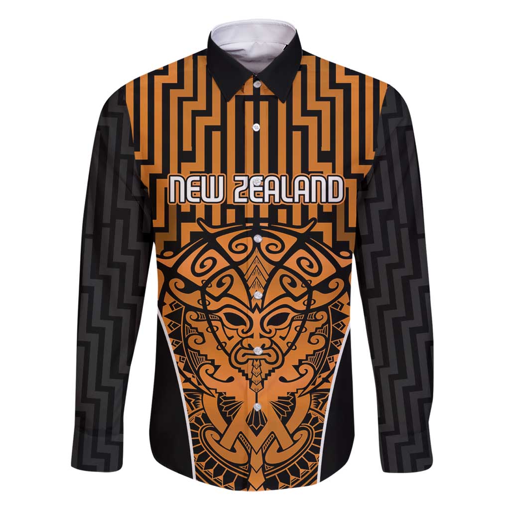 Custom Basketball New Zealand Family Matching Off Shoulder Maxi Dress and Hawaiian Shirt Gold Maori Ta Moko Indigenous LT9 Dad's Shirt - Long Sleeve Gold - Polynesian Pride