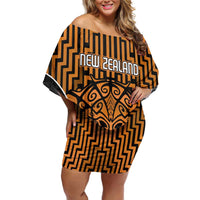 Custom Basketball New Zealand Family Matching Off Shoulder Short Dress and Hawaiian Shirt Gold Maori Ta Moko Indigenous LT9 Mom's Dress Gold - Polynesian Pride