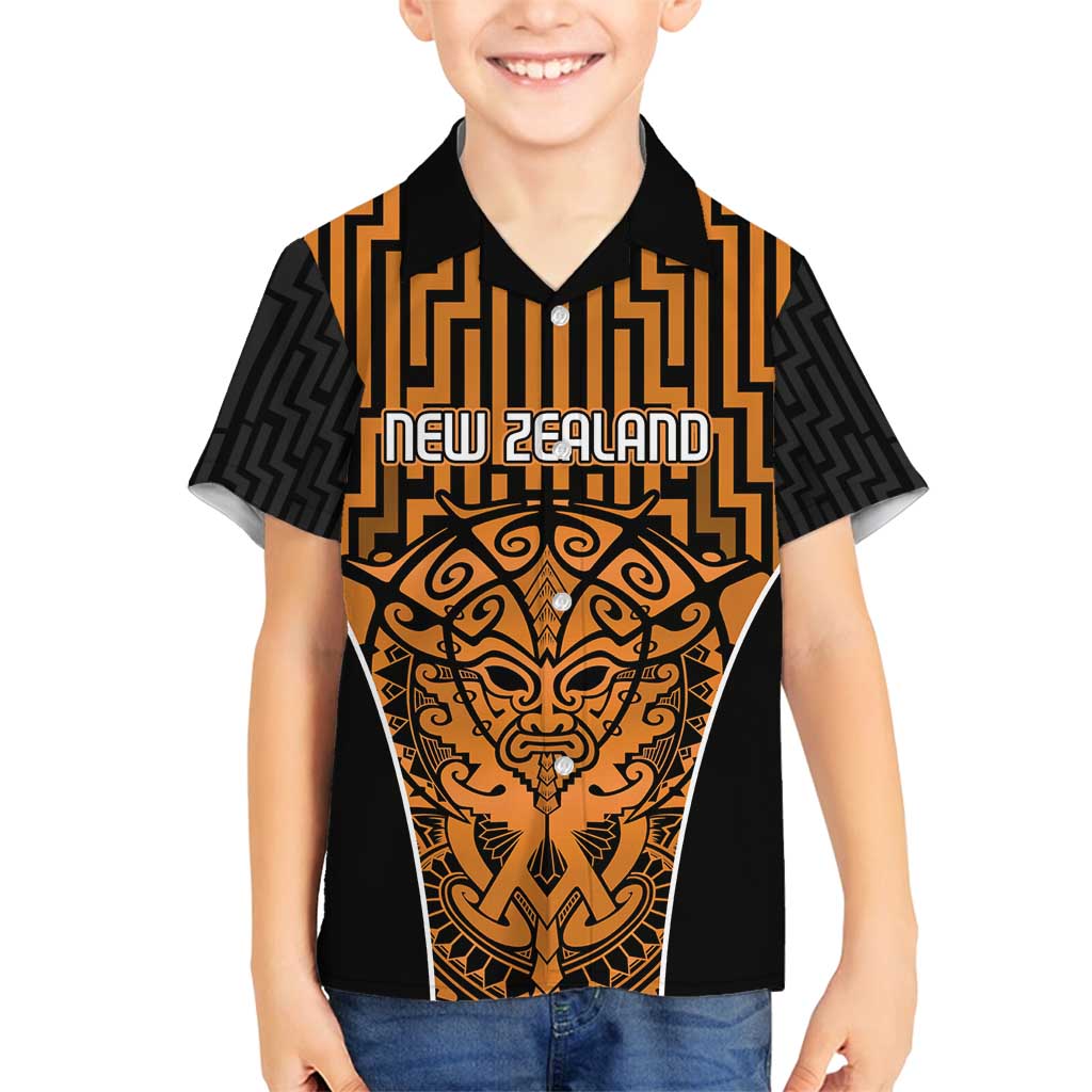 Custom Basketball New Zealand Family Matching Puletasi and Hawaiian Shirt Gold Maori Ta Moko Indigenous LT9 Son's Shirt Gold - Polynesian Pride