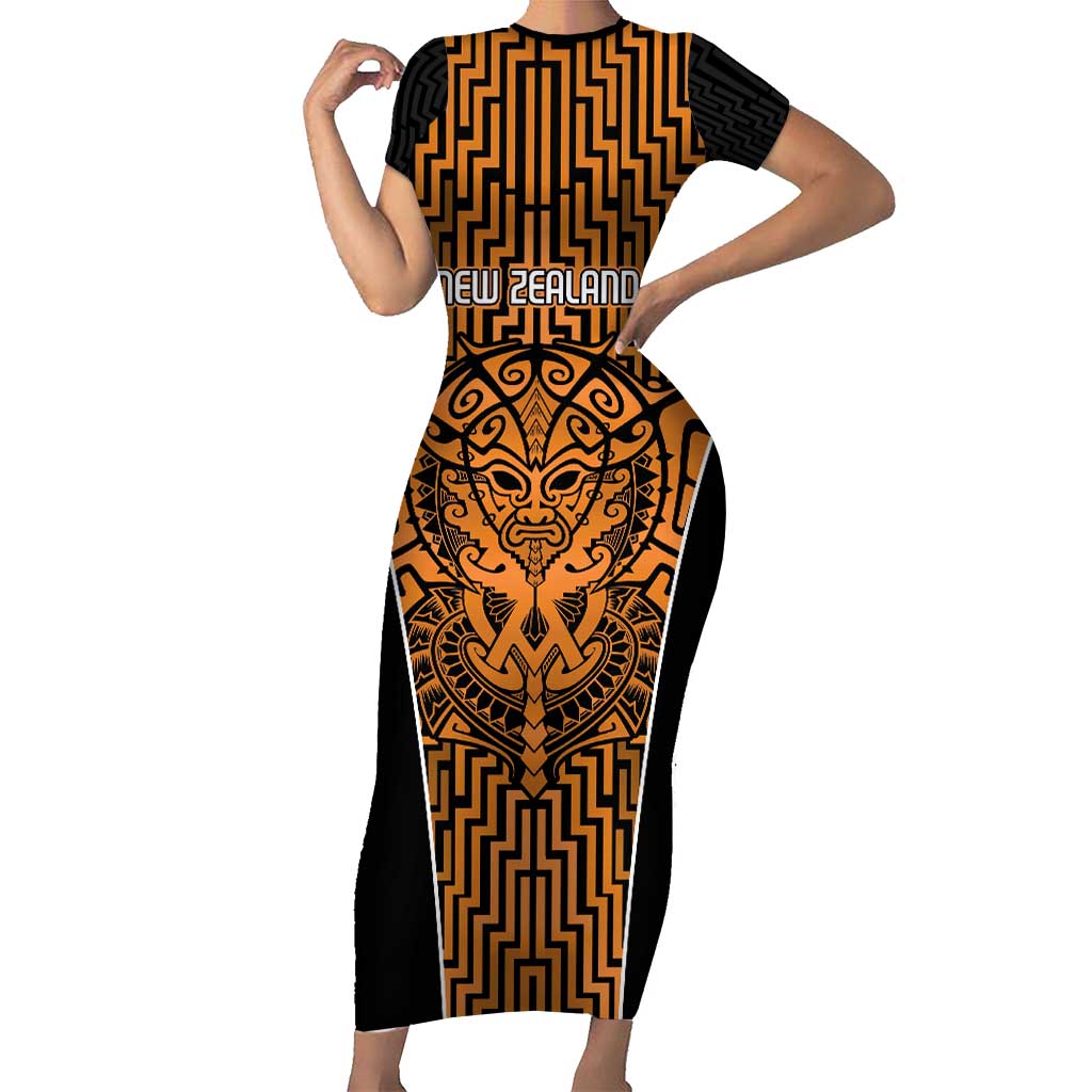 Custom Basketball New Zealand Family Matching Short Sleeve Bodycon Dress and Hawaiian Shirt Gold Maori Ta Moko Indigenous LT9 Mom's Dress Gold - Polynesian Pride