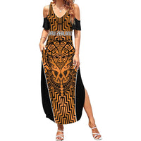 Custom Basketball New Zealand Family Matching Summer Maxi Dress and Hawaiian Shirt Gold Maori Ta Moko Indigenous LT9 Mom's Dress Gold - Polynesian Pride