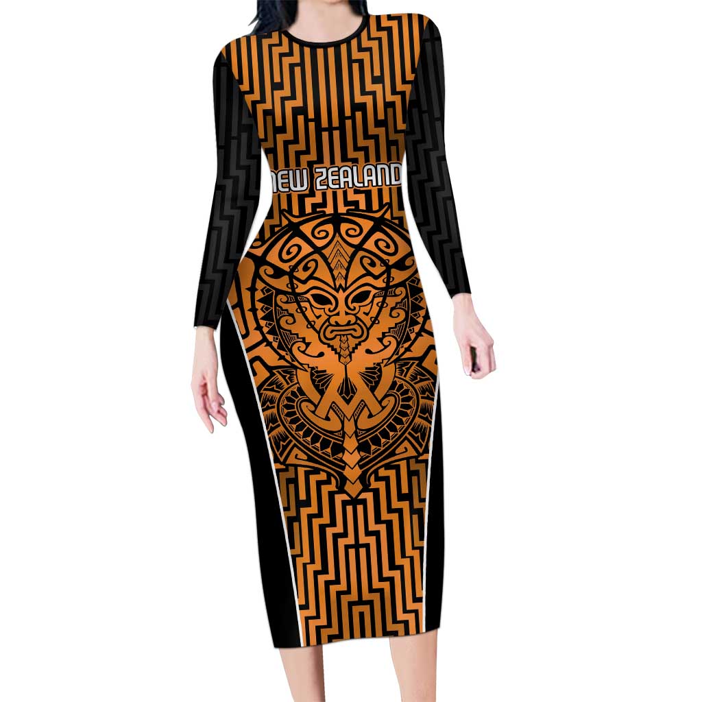 Custom Basketball New Zealand Long Sleeve Bodycon Dress Gold Maori Ta Moko Indigenous - Polynesian Pride