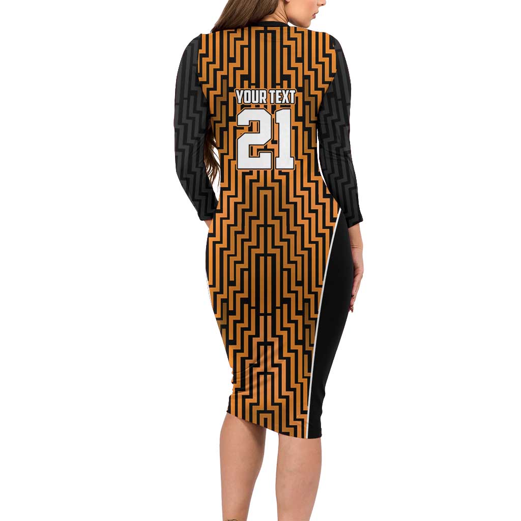 Custom Basketball New Zealand Long Sleeve Bodycon Dress Gold Maori Ta Moko Indigenous - Polynesian Pride
