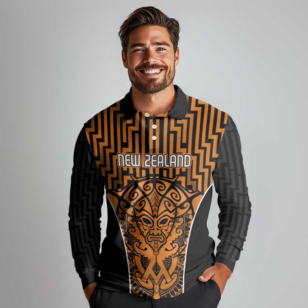 Custom Basketball New Zealand Long Sleeve Polo Shirt Gold Maori Ta Moko Indigenous - Polynesian Pride