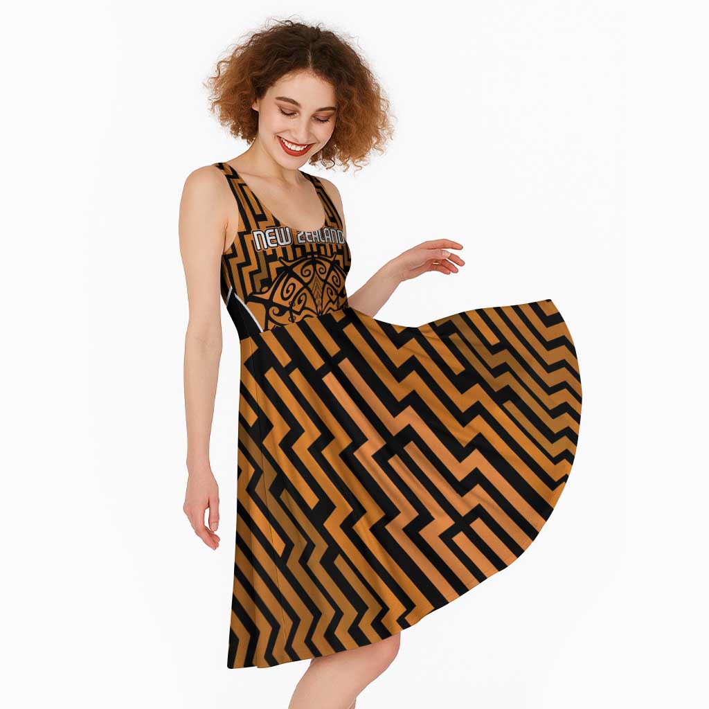 Custom Basketball New Zealand Midi Dress Gold Maori Ta Moko Indigenous - Polynesian Pride