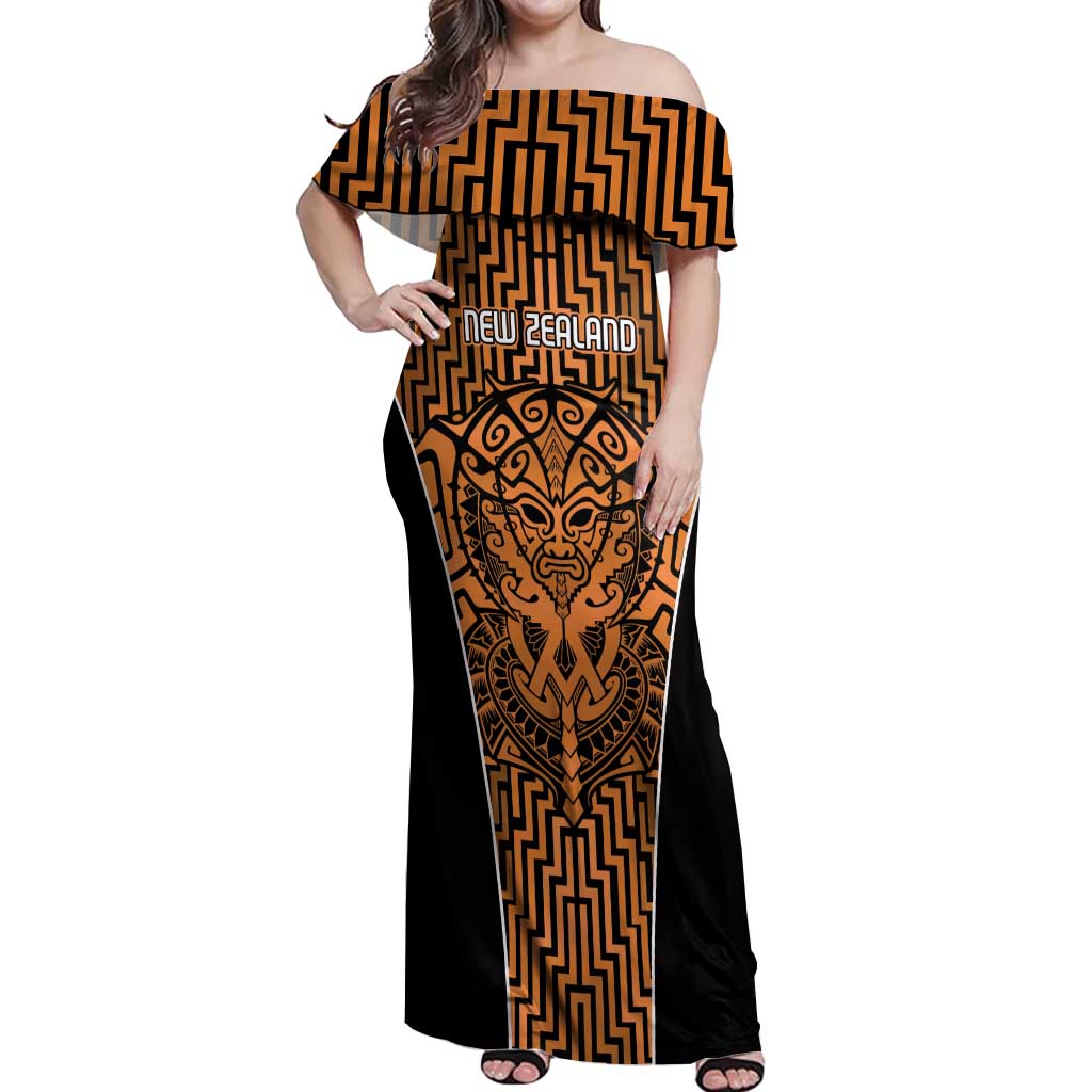 Custom Basketball New Zealand Off Shoulder Maxi Dress Gold Maori Ta Moko Indigenous - Polynesian Pride