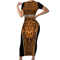 Custom Basketball New Zealand Short Sleeve Bodycon Dress Gold Maori Ta Moko Indigenous - Polynesian Pride