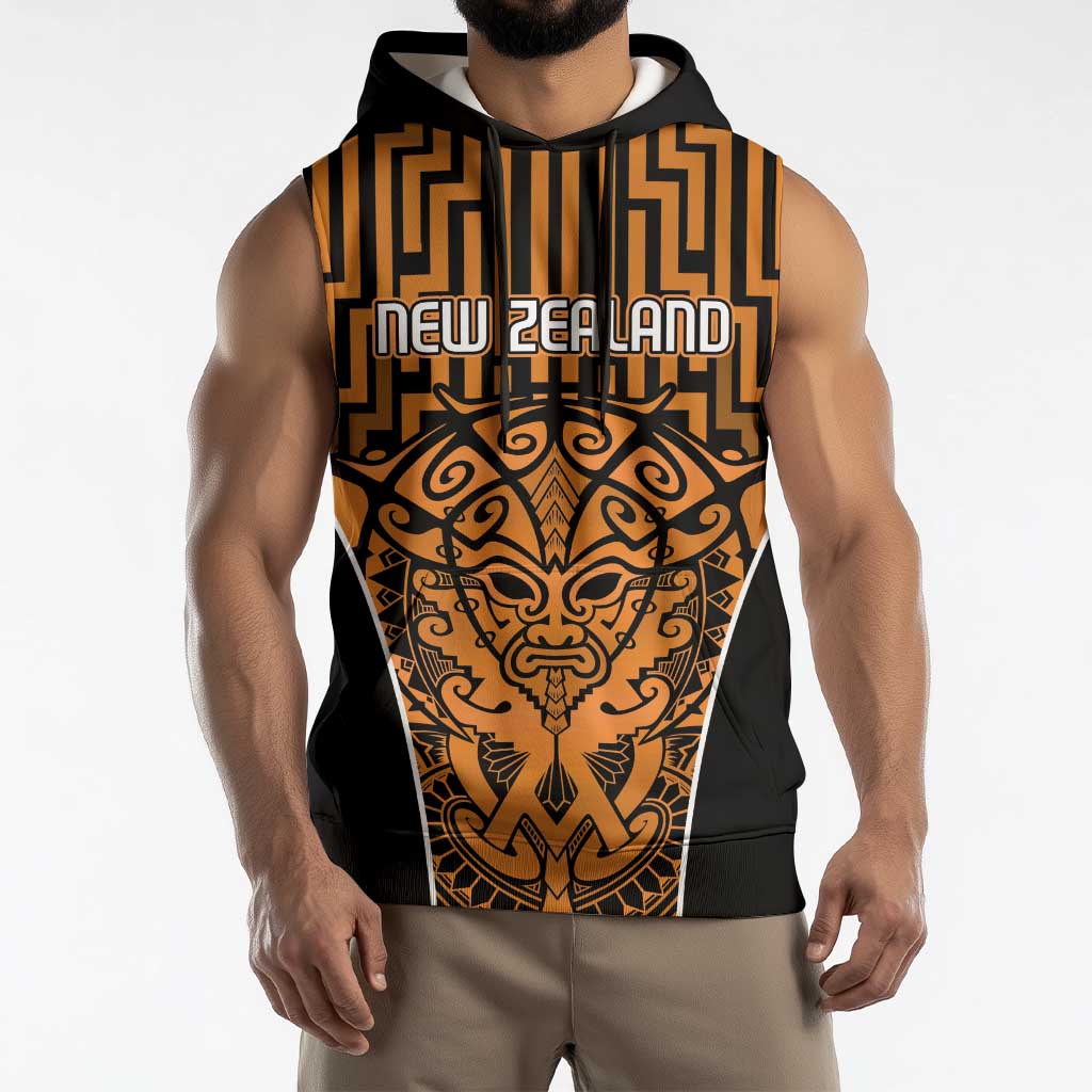 Custom Basketball New Zealand Sleeveless Hoodie Gold Maori Ta Moko Indigenous LT9 - Polynesian Pride