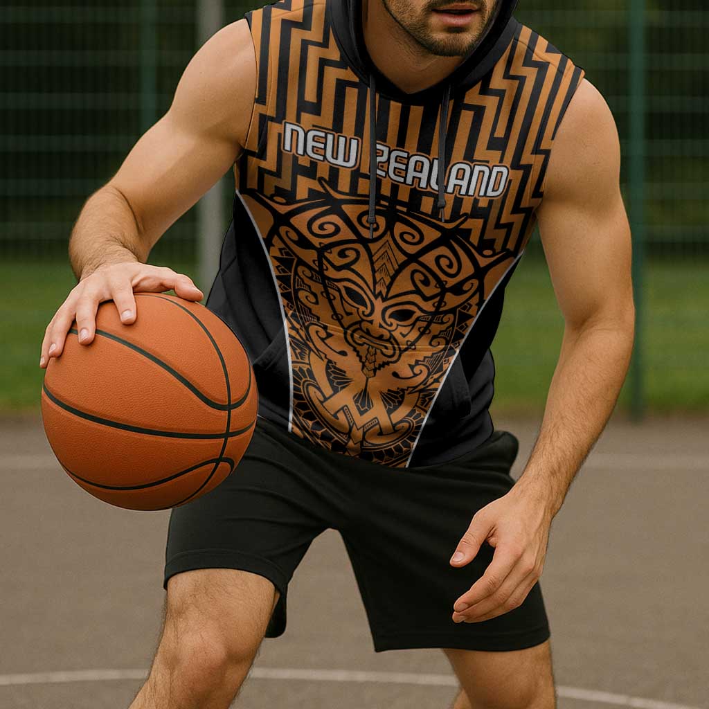 Custom Basketball New Zealand Sleeveless Hoodie Gold Maori Ta Moko Indigenous LT9 - Polynesian Pride