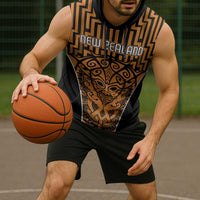 Custom Basketball New Zealand Sleeveless Hoodie Gold Maori Ta Moko Indigenous LT9 - Polynesian Pride