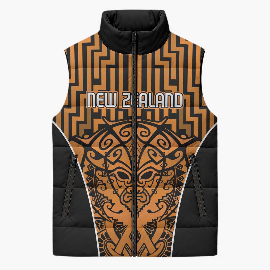 Custom Basketball New Zealand Sleeveless Puffer Jacket Gold Maori Ta Moko Indigenous - Polynesian Pride