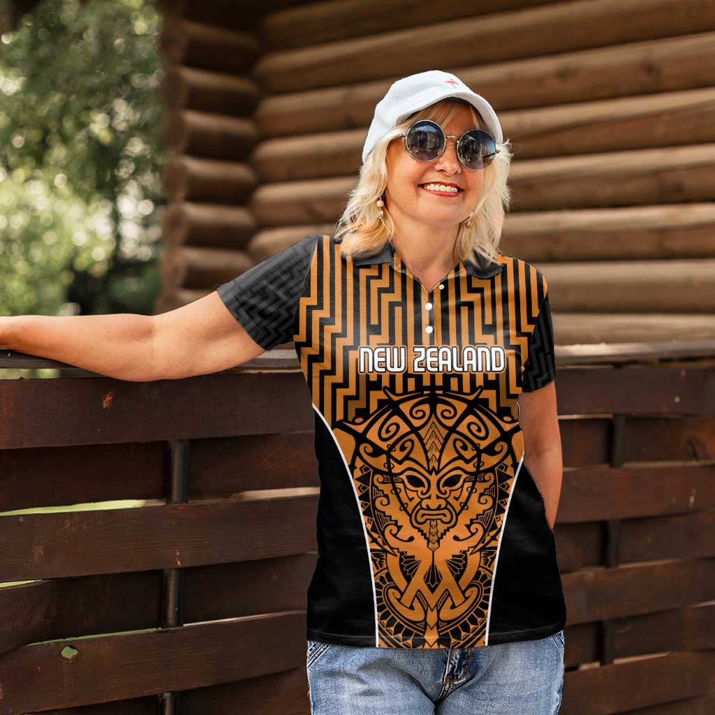 Custom Basketball New Zealand Women Polo Shirt Gold Maori Ta Moko Indigenous - Polynesian Pride