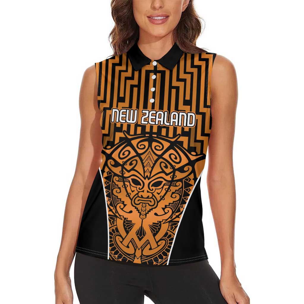Custom Basketball New Zealand Women Sleeveless Polo Shirt Gold Maori Ta Moko Indigenous - Polynesian Pride