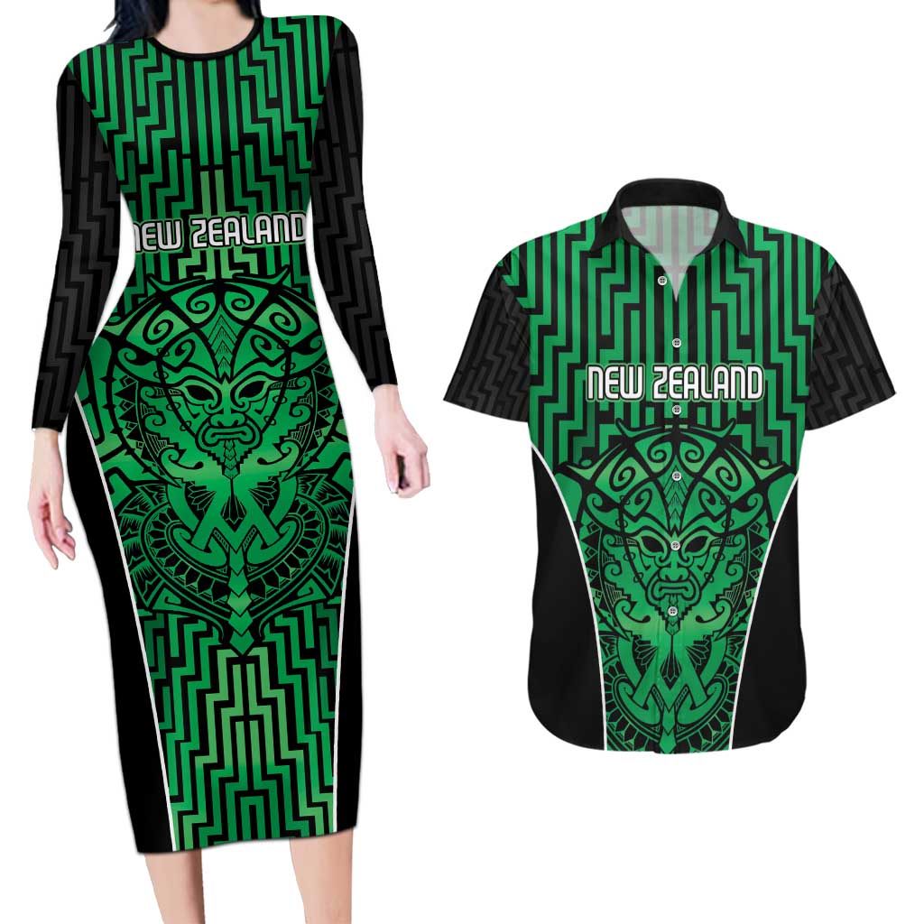 Custom Basketball New Zealand Couples Matching Long Sleeve Bodycon Dress and Hawaiian Shirt Green Maori Ta Moko Indigenous LT9 Green - Polynesian Pride
