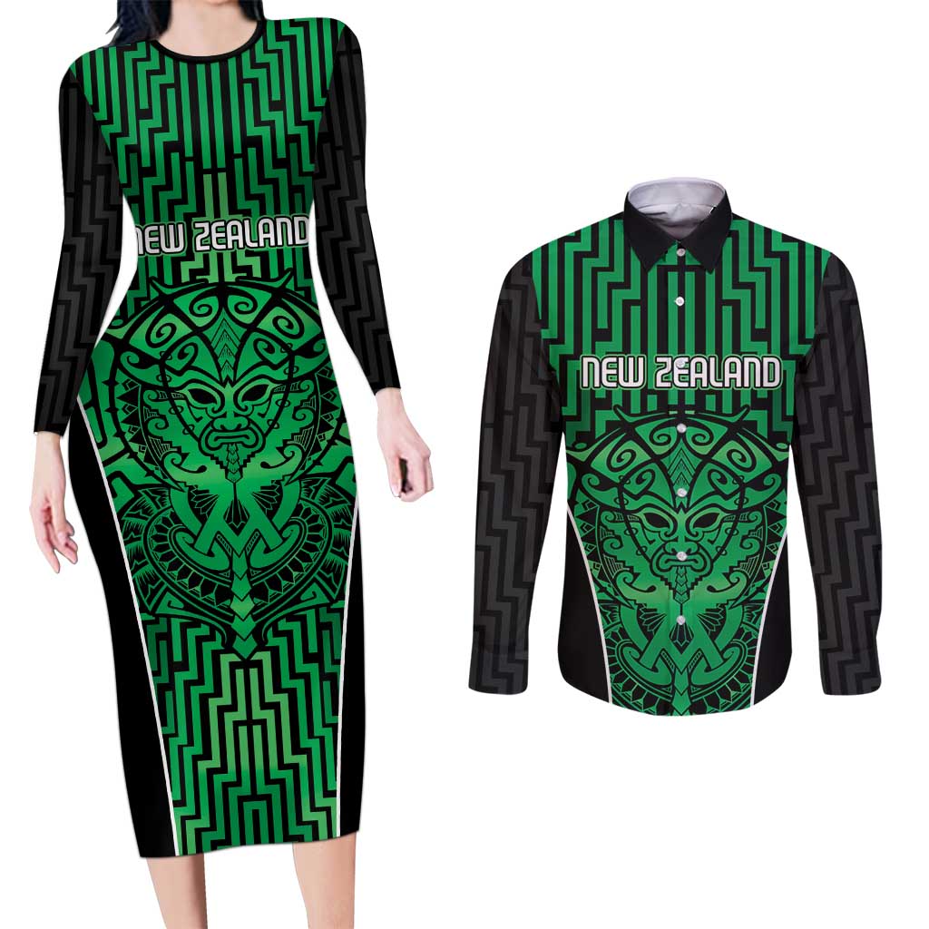 Custom Basketball New Zealand Couples Matching Long Sleeve Bodycon Dress and Long Sleeve Button Shirt Green Maori Ta Moko Indigenous LT9 Green - Polynesian Pride