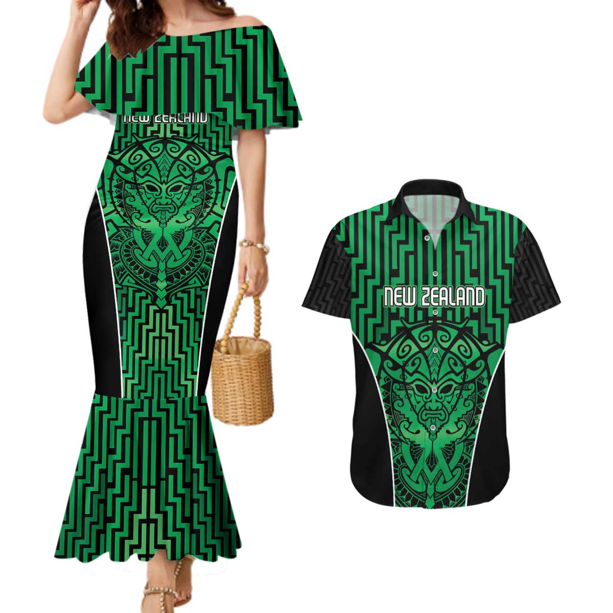 Custom Basketball New Zealand Couples Matching Mermaid Dress and Hawaiian Shirt Green Maori Ta Moko Indigenous LT9 Green - Polynesian Pride