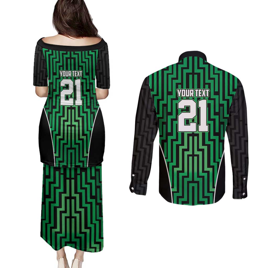 Custom Basketball New Zealand Couples Matching Puletasi and Long Sleeve Button Shirt Green Maori Ta Moko Indigenous LT9 - Polynesian Pride