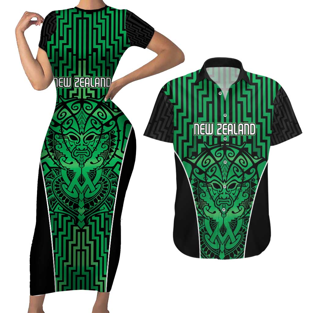 Custom Basketball New Zealand Couples Matching Short Sleeve Bodycon Dress and Hawaiian Shirt Green Maori Ta Moko Indigenous LT9 Green - Polynesian Pride
