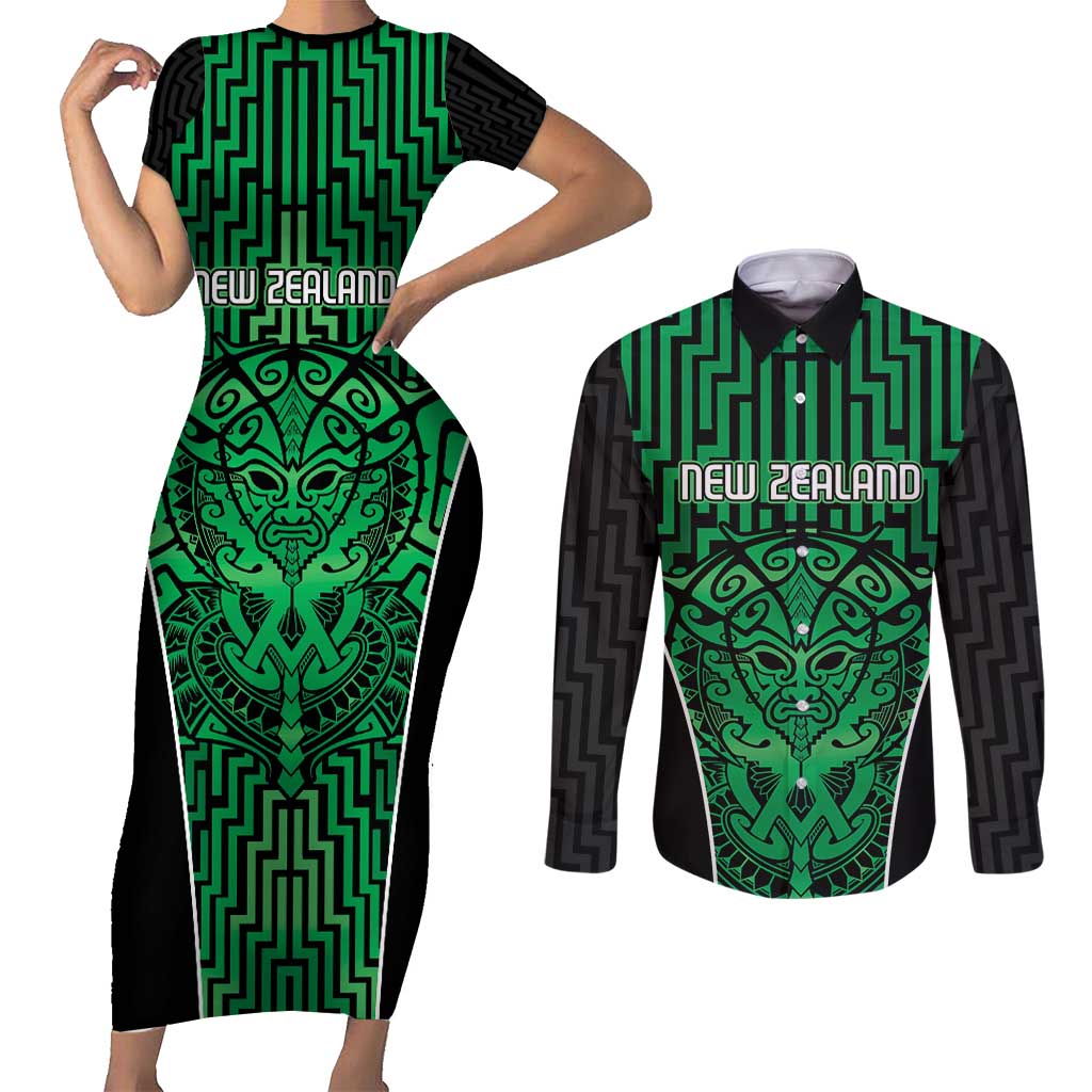 Custom Basketball New Zealand Couples Matching Short Sleeve Bodycon Dress and Long Sleeve Button Shirt Green Maori Ta Moko Indigenous LT9 Green - Polynesian Pride
