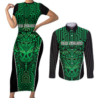 Custom Basketball New Zealand Couples Matching Short Sleeve Bodycon Dress and Long Sleeve Button Shirt Green Maori Ta Moko Indigenous LT9 Green - Polynesian Pride