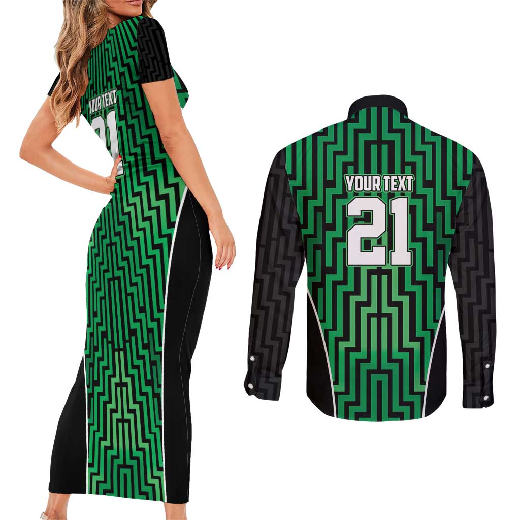 Custom Basketball New Zealand Couples Matching Short Sleeve Bodycon Dress and Long Sleeve Button Shirt Green Maori Ta Moko Indigenous LT9 - Polynesian Pride