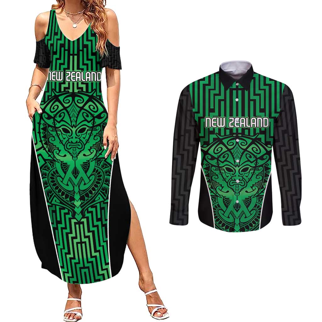 Custom Basketball New Zealand Couples Matching Summer Maxi Dress and Long Sleeve Button Shirt Green Maori Ta Moko Indigenous LT9 Green - Polynesian Pride